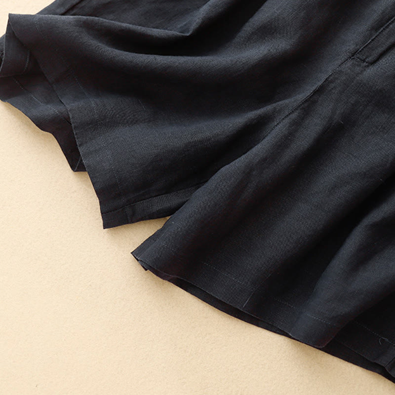 Buddha Stones Letnie swobodne haftowane kwiaty plisowane suwak guzik bawełna len damskie szorty z kieszeniami - image 21