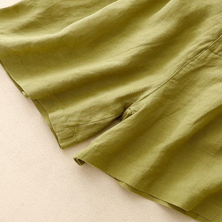 Buddha Stones Letnie swobodne haftowane kwiaty plisowane suwak guzik bawełna len damskie szorty z kieszeniami - image 6