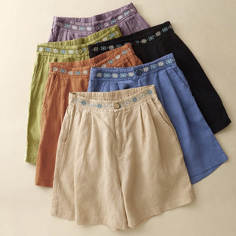 Buddha Stones Letnie swobodne haftowane kwiaty plisowane suwak guzik bawełna len damskie szorty z kieszeniami - image 27