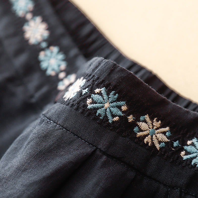 Buddha Stones Letnie swobodne haftowane kwiaty plisowane suwak guzik bawełna len damskie szorty z kieszeniami - image 18