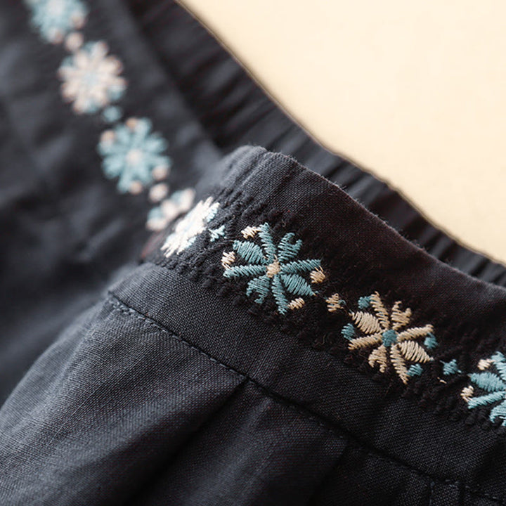 Buddha Stones Letnie swobodne haftowane kwiaty plisowane suwak guzik bawełna len damskie szorty z kieszeniami - image 18