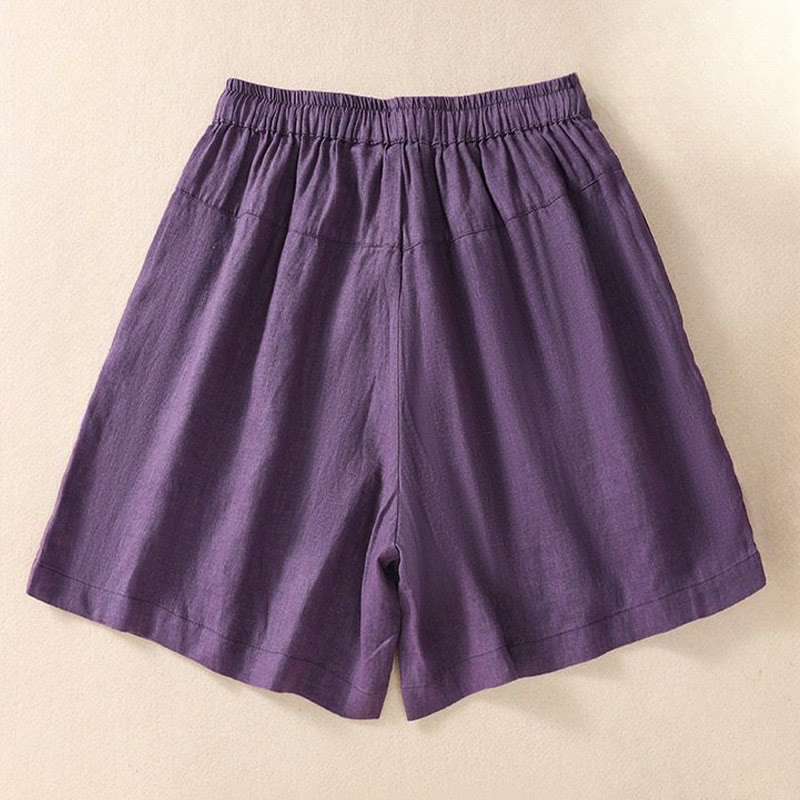 Damskie szorty z kieszeniami, bawełniane i lniane, z haftem kwiatowym i sznurkiem, z motywem Buddha Stones - image 1