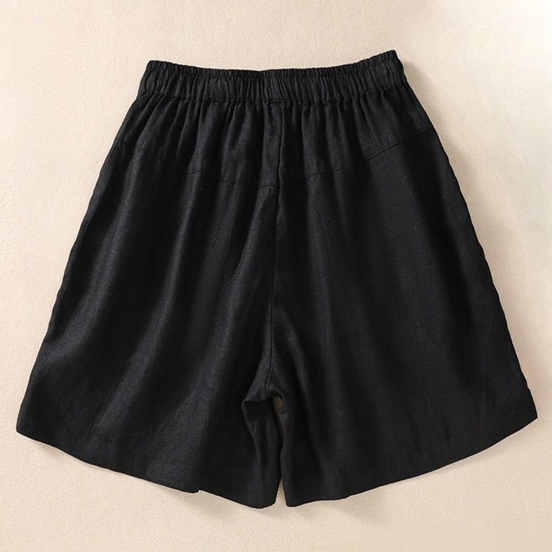 Damskie szorty z kieszeniami, bawełniane i lniane, z haftem kwiatowym i sznurkiem, z motywem Buddha Stones - image 4