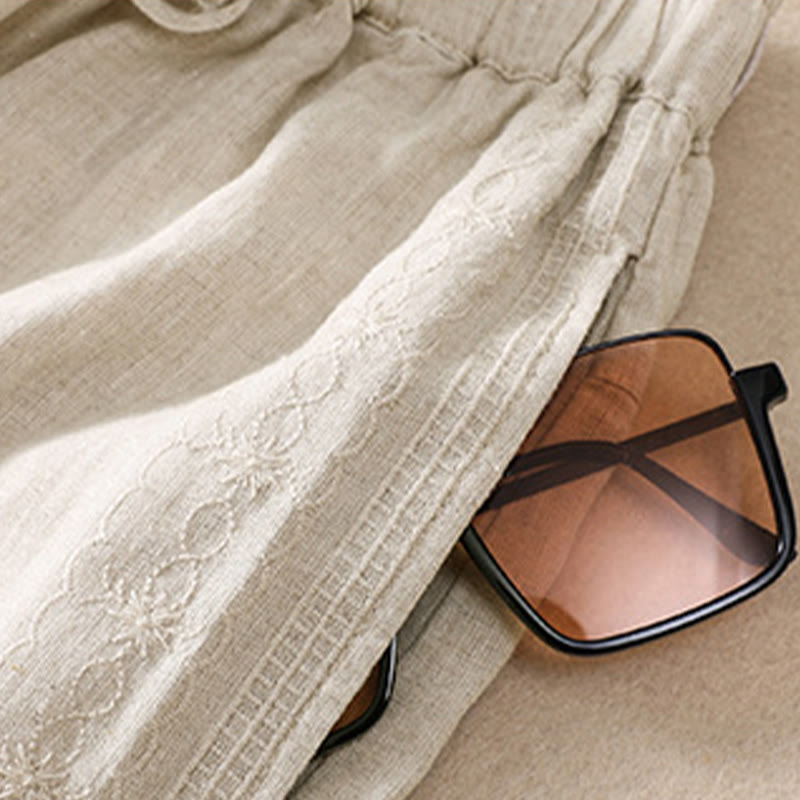 Damskie szorty z kieszeniami, bawełniane i lniane, z haftem kwiatowym i sznurkiem, z motywem Buddha Stones - image 12