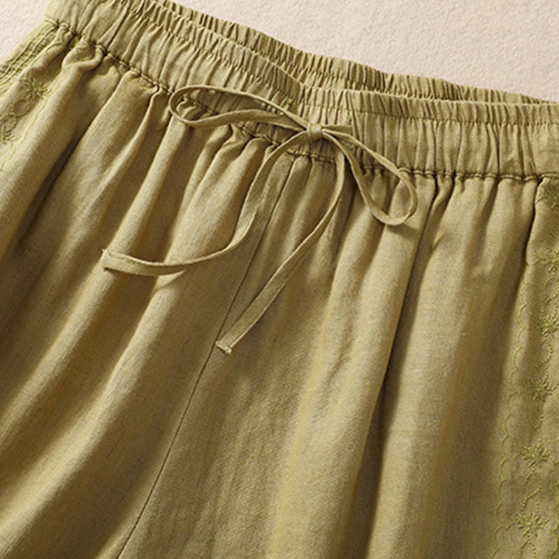 Damskie szorty z kieszeniami, bawełniane i lniane, z haftem kwiatowym i sznurkiem, z motywem Buddha Stones - image 16