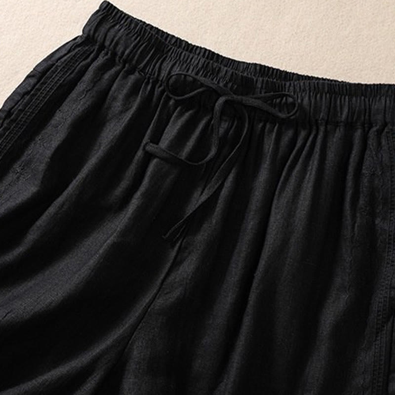 Damskie szorty z kieszeniami, bawełniane i lniane, z haftem kwiatowym i sznurkiem, z motywem Buddha Stones - image 5