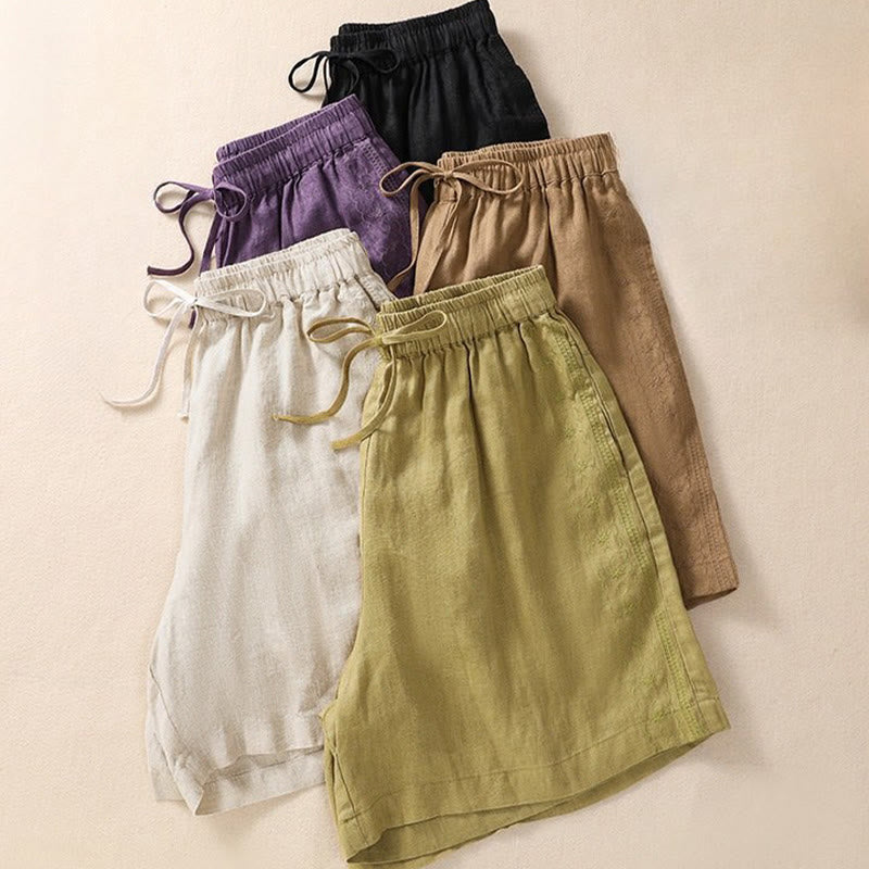 Damskie szorty z kieszeniami, bawełniane i lniane, z haftem kwiatowym i sznurkiem, z motywem Buddha Stones - image 21