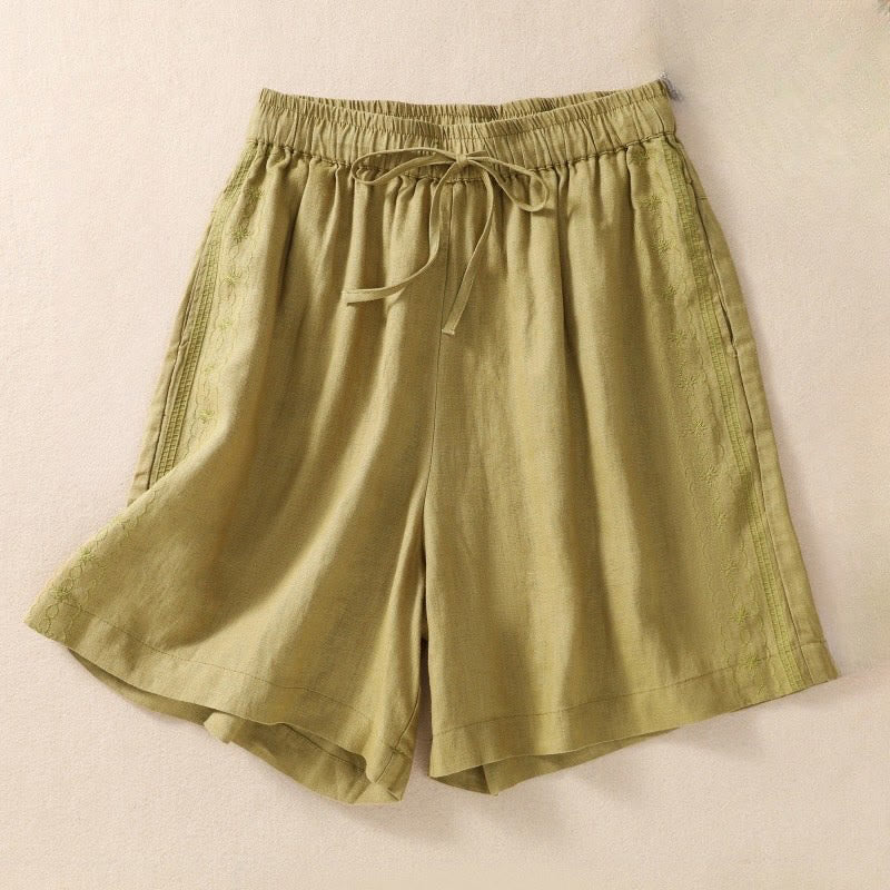 Damskie szorty z kieszeniami, bawełniane i lniane, z haftem kwiatowym i sznurkiem, z motywem Buddha Stones - Żółtozielony - US8-10，UK/AU12-14，EU40-42 (2XL) - image 15