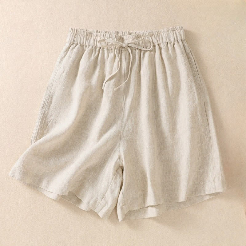 Damskie szorty z kieszeniami, bawełniane i lniane, z haftem kwiatowym i sznurkiem, z motywem Buddha Stones - Beżowy - US8-10，UK/AU12-14，EU40-42 (2XL) - image 9