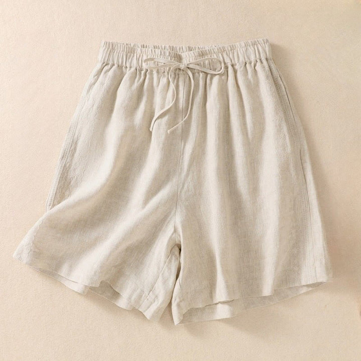 Damskie szorty z kieszeniami, bawełniane i lniane, z haftem kwiatowym i sznurkiem, z motywem Buddha Stones - Beżowy - US8-10，UK/AU12-14，EU40-42 (2XL) - image 9