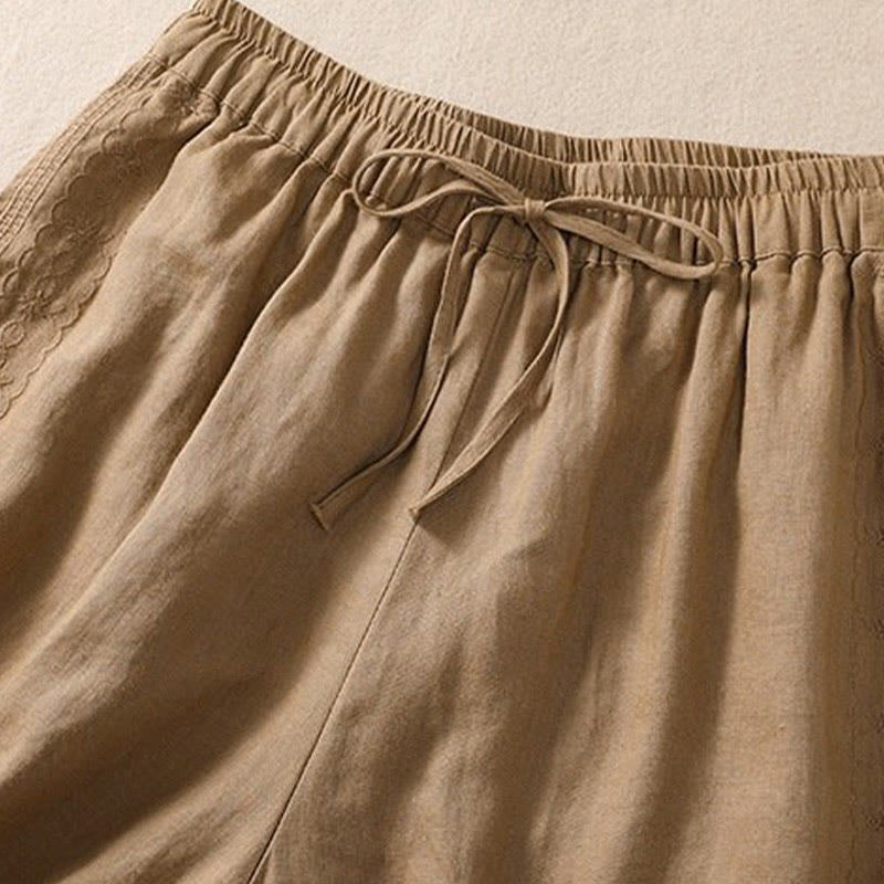 Damskie szorty z kieszeniami, bawełniane i lniane, z haftem kwiatowym i sznurkiem, z motywem Buddha Stones - image 8