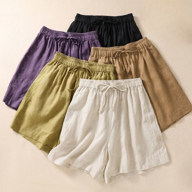 Damskie szorty z kieszeniami, bawełniane i lniane, z haftem kwiatowym i sznurkiem, z motywem Buddha Stones - image 20