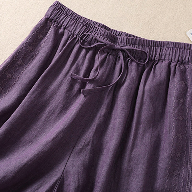 Damskie szorty z kieszeniami, bawełniane i lniane, z haftem kwiatowym i sznurkiem, z motywem Buddha Stones - image 2