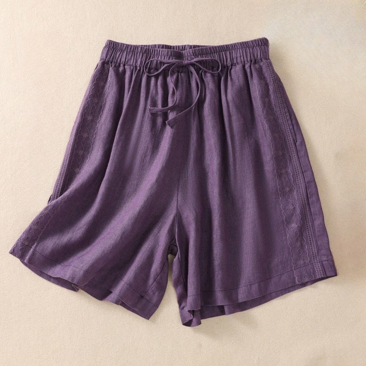 Damskie szorty z kieszeniami, bawełniane i lniane, z haftem kwiatowym i sznurkiem, z motywem Buddha Stones - Ciemna Magenta - US8-10，UK/AU12-14，EU40-42 (2XL) - image 0