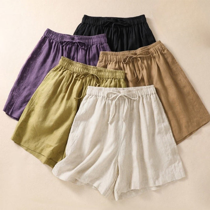 Damskie szorty z kieszeniami, bawełniane i lniane, z haftem kwiatowym i sznurkiem, z motywem Buddha Stones - image 20