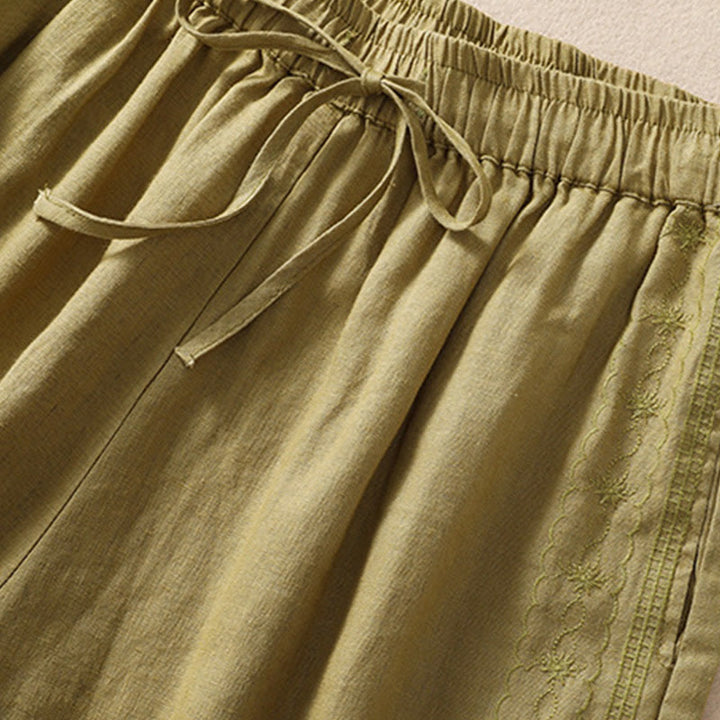 Damskie szorty z kieszeniami, bawełniane i lniane, z haftem kwiatowym i sznurkiem, z motywem Buddha Stones - image 17