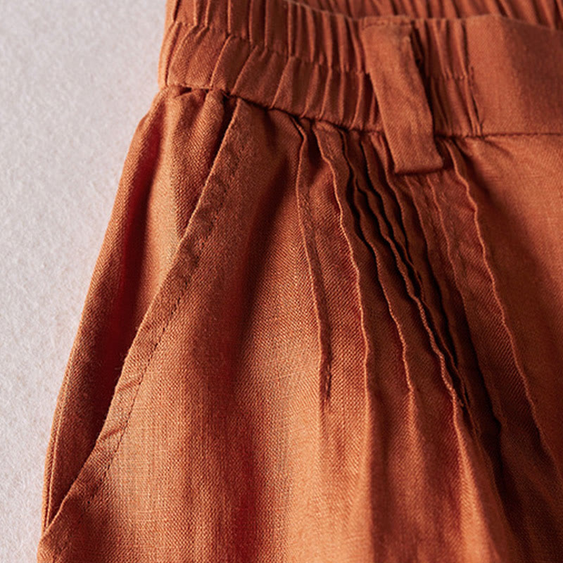 Buddha Stones Letnie Codzienne Proste Zmarszczone Projekty Bawełniane Lniane Damskie Szorty Z Kieszeniami - image 4