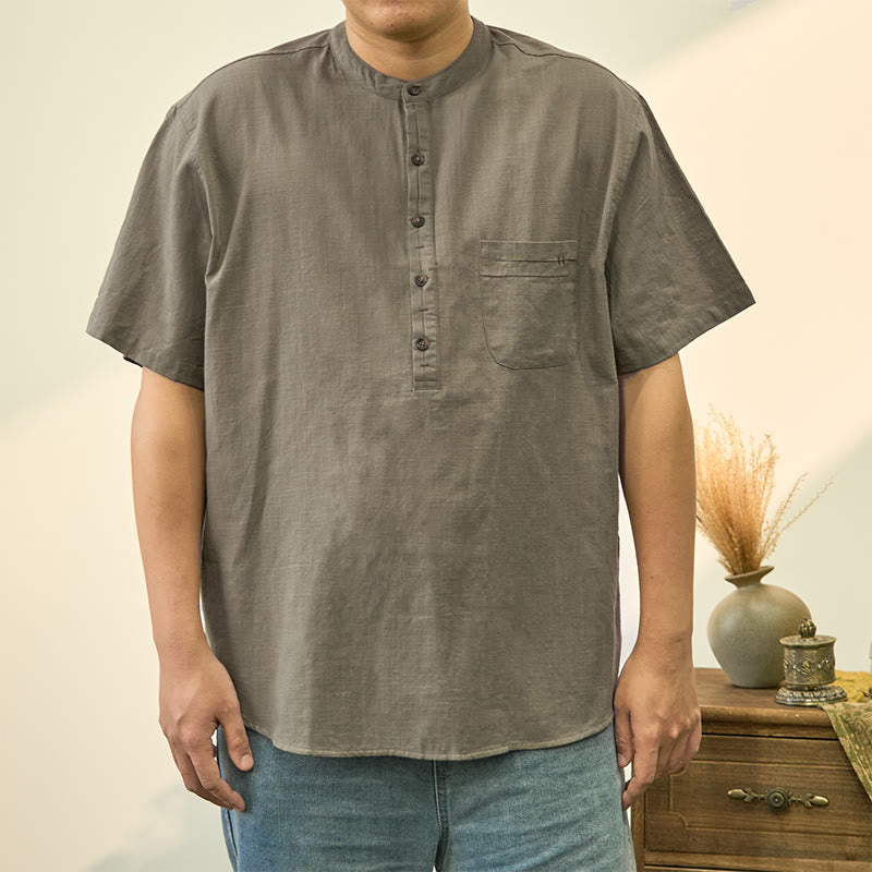 Koszula męska z krótkim rękawem i półguzikiem z bawełny i lnu Buddha Stones w jednolitym kolorze na lato - DarkSeaGreen - US/UK/AU40, EU50 (2XL) - image 1