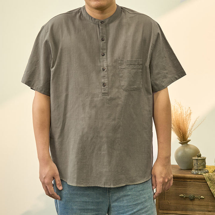 Koszula męska z krótkim rękawem i półguzikiem z bawełny i lnu Buddha Stones w jednolitym kolorze na lato - DarkSeaGreen - US/UK/AU40, EU50 (2XL) - image 1