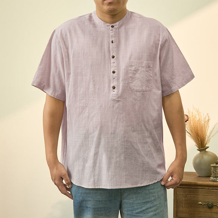 Koszula męska z krótkim rękawem i półguzikiem z bawełny i lnu Buddha Stones w jednolitym kolorze na lato - Bielizna - US/UK/AU40, EU50 (2XL) - image 19