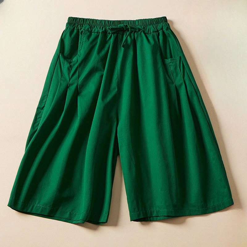 Szorty damskie Buddha Stones Casual Solid Color Wrinkle Design Drawstring Cotton z kieszeniami - Zielony - US8-10，UK/AU12-14，EU40-42 (2XL) - image 8