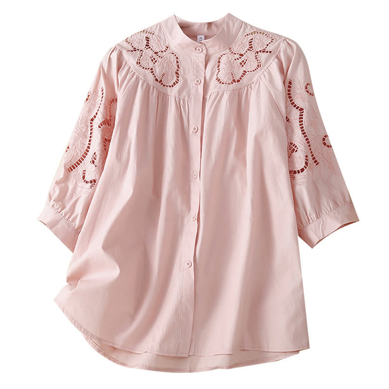 Koszula Buddha Stones z haftem w kwiaty i lnianą bawełną z rękawami trzy czwarte - image 7