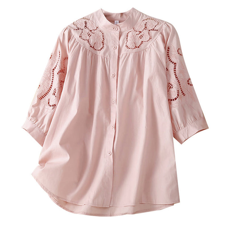 Koszula Buddha Stones z haftem w kwiaty i lnianą bawełną z rękawami trzy czwarte - image 7