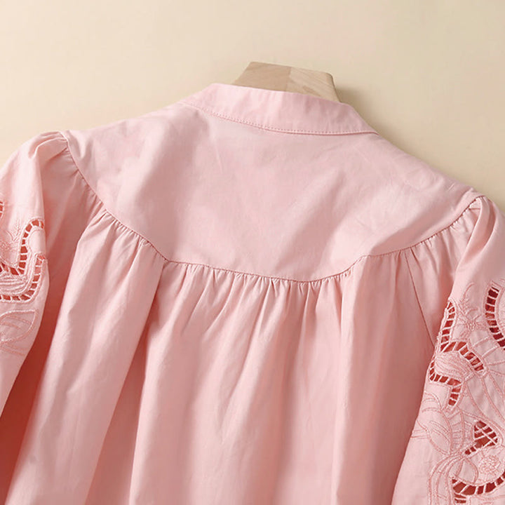 Koszula Buddha Stones z haftem w kwiaty i lnianą bawełną z rękawami trzy czwarte - image 2