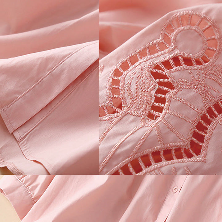 Koszula Buddha Stones z haftem w kwiaty i lnianą bawełną z rękawami trzy czwarte - image 6