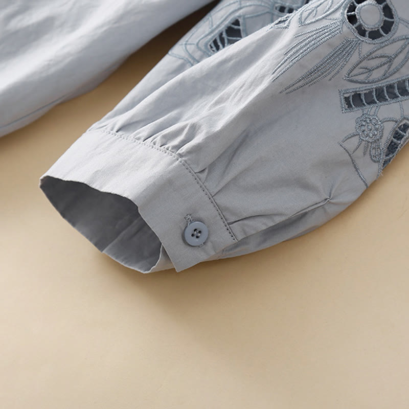 Koszula Buddha Stones z haftem w kwiaty i lnianą bawełną z rękawami trzy czwarte - image 10