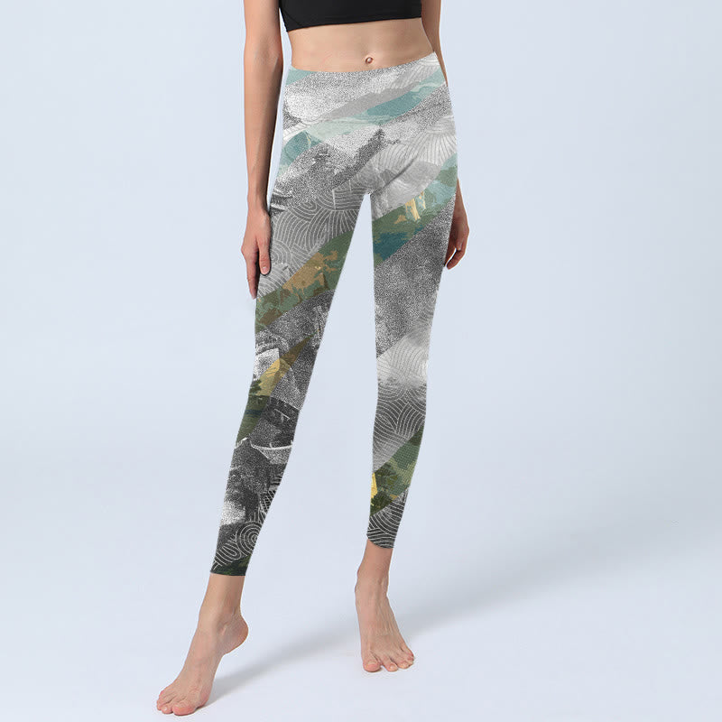 Buddha Stones Starożytny Styl Wielki Mur Nadruk Sportowe Leginsy Fitness Damskie Spodnie Do Jogi - image 5