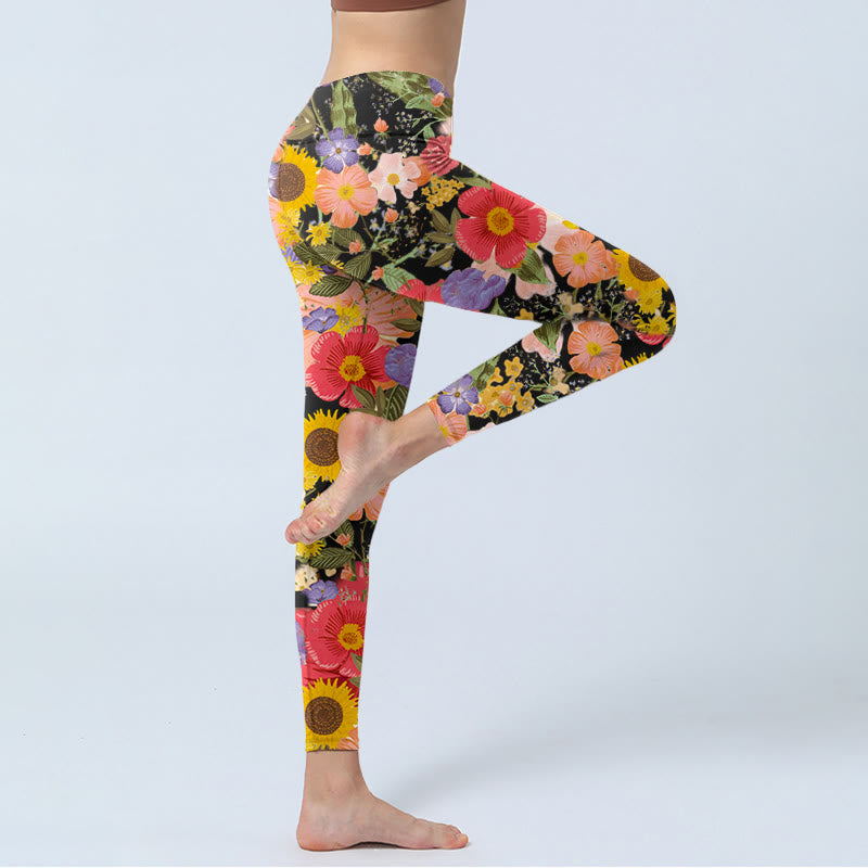 Buddha Stones Słoneczniki Różowe Fioletowe Kwiaty Nadruk Sportowe Leginsy Fitness Damskie Spodnie Do Jogi - image 3