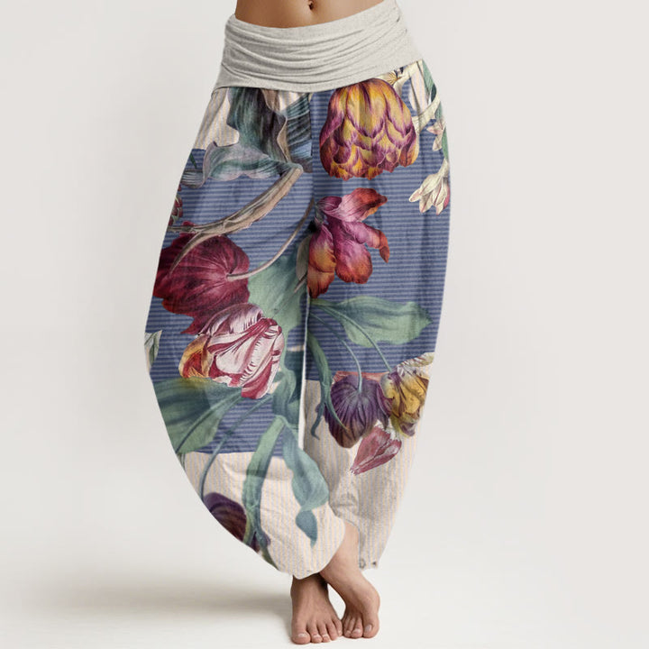 Damskie spodnie haremowe z elastyczną talią i bawełnianymi tulipanami w kształcie Buddha Stones i zielonymi liśćmi - Beżowy - US22, UK/AU26, EU54 (6XL) - image 4