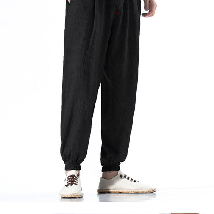 Spodnie męskie z kieszeniami i ściągaczem Buddha Stones Casual Solid Color Drawstring Linen - image 12