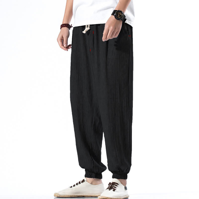 Spodnie męskie z kieszeniami i ściągaczem Buddha Stones Casual Solid Color Drawstring Linen - Czarny - US/UK/AU46， EU56 (5XL) - image 9