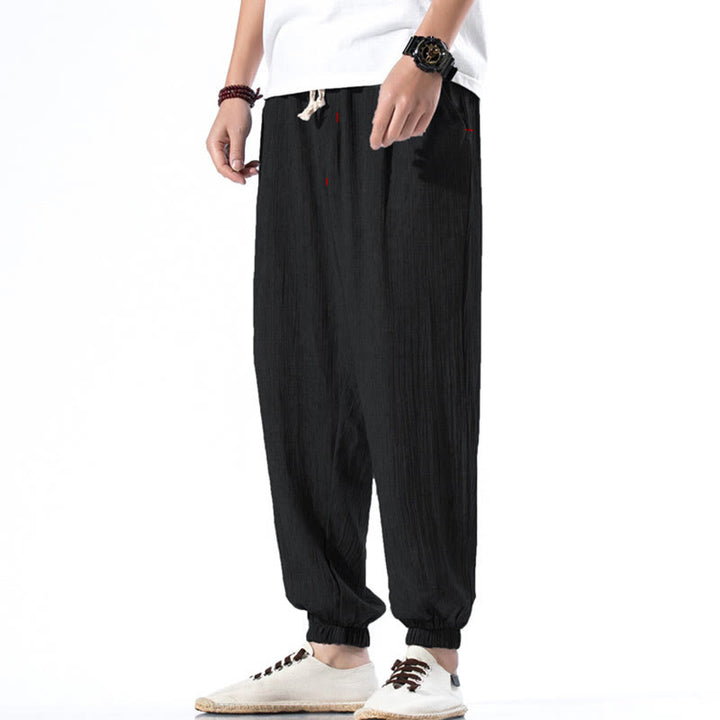 Spodnie męskie z kieszeniami i ściągaczem Buddha Stones Casual Solid Color Drawstring Linen - Czarny - US/UK/AU46， EU56 (5XL) - image 9