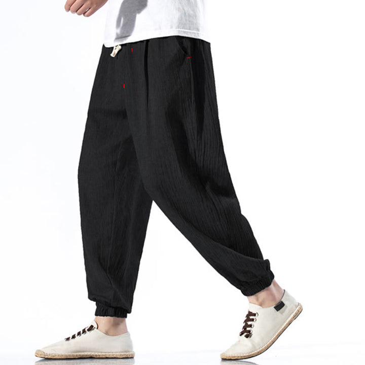 Spodnie męskie z kieszeniami i ściągaczem Buddha Stones Casual Solid Color Drawstring Linen - image 11