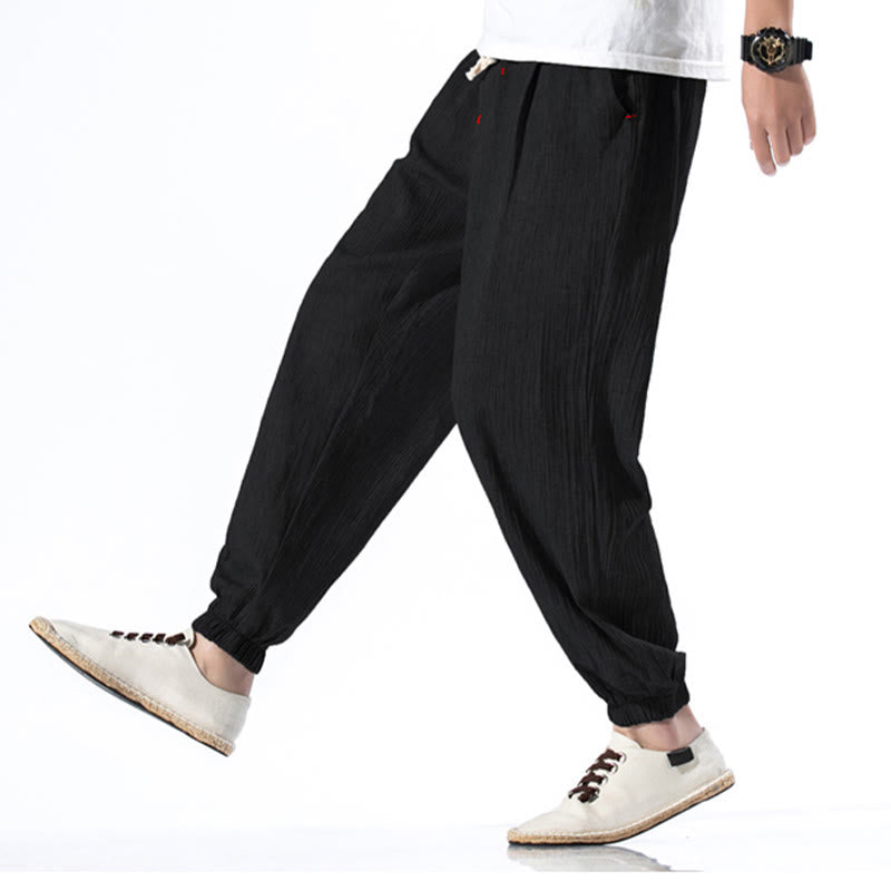 Spodnie męskie z kieszeniami i ściągaczem Buddha Stones Casual Solid Color Drawstring Linen - image 15