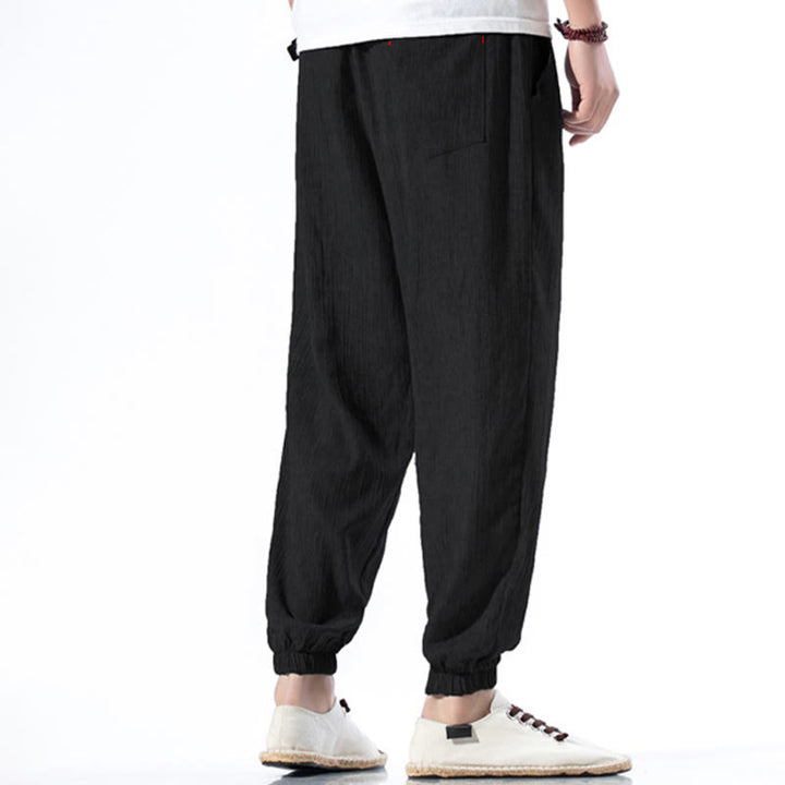 Spodnie męskie z kieszeniami i ściągaczem Buddha Stones Casual Solid Color Drawstring Linen - image 13