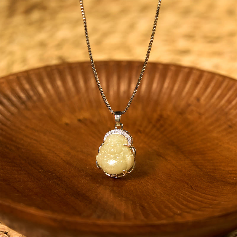 Buddha Stones Naturalny Hetian Jade Śmiejący się Budda Naszyjnik Obfitość Wisiorek - Jadeit Hetian (dobrobyt ♥obfitość) - image 1