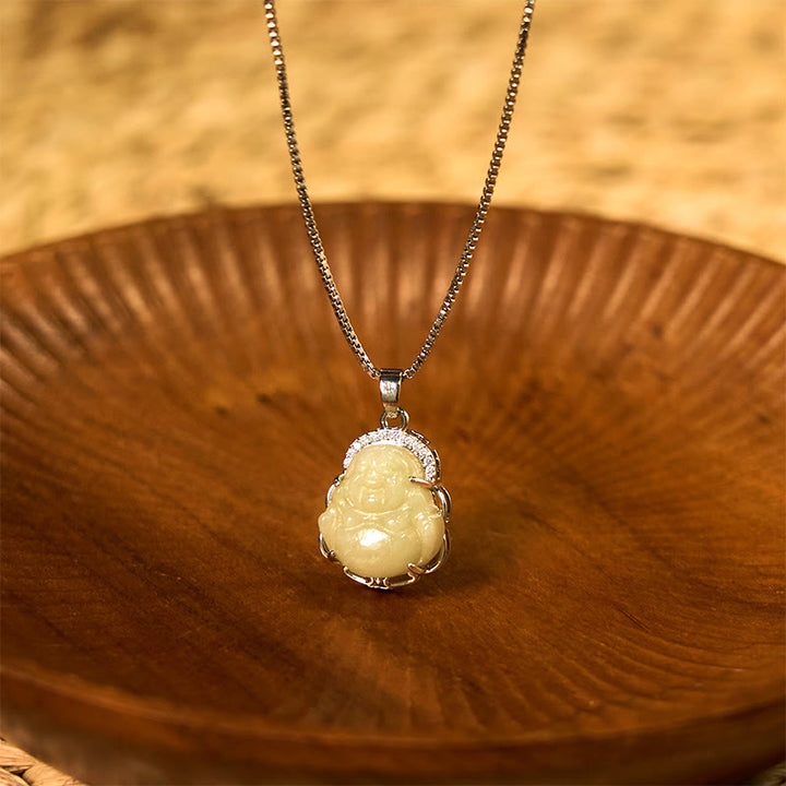 Buddha Stones Naturalny Hetian Jade Śmiejący się Budda Naszyjnik Obfitość Wisiorek - Jadeit Hetian (dobrobyt ♥obfitość) - image 1