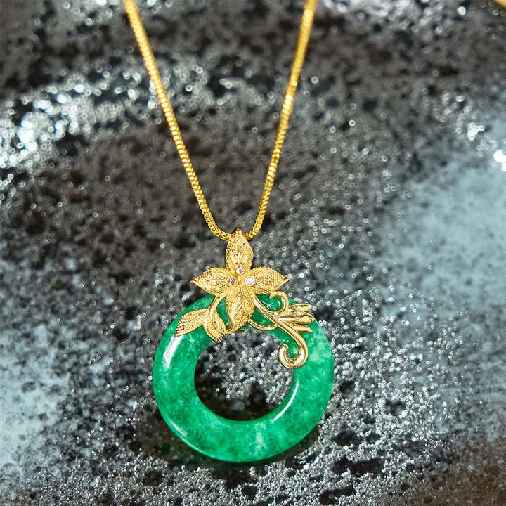 Buddha Stones Cyan Jade Peace Buckle Alloy Flower Healing Luck Naszyjnik Wisiorek
