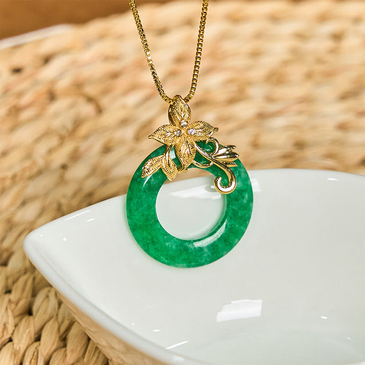 Buddha Stones Cyan Jade Peace Buckle Alloy Flower Healing Luck Naszyjnik Wisiorek