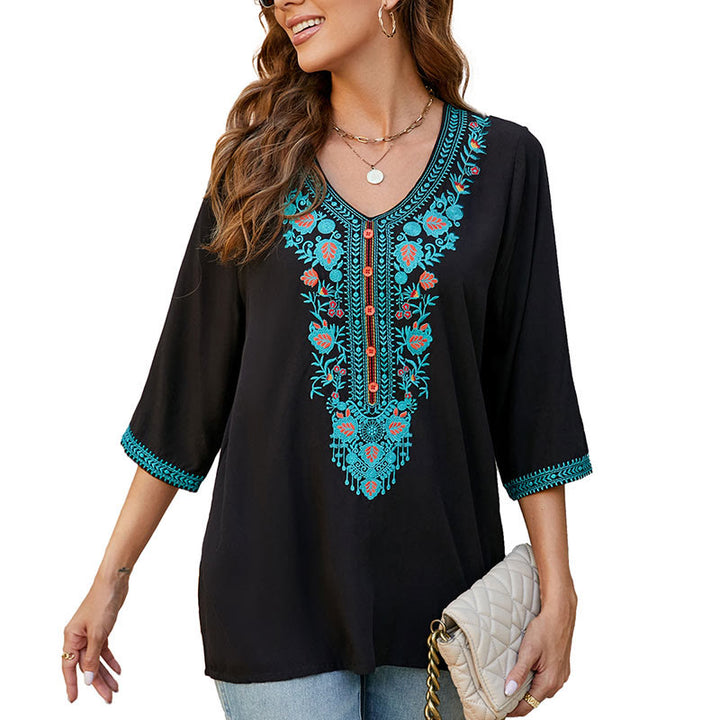 Buddha Stones Letnia swobodna haftowana kwiatowa liść półrękaw dekolt w serek bawełniana damska koszulka - image 10