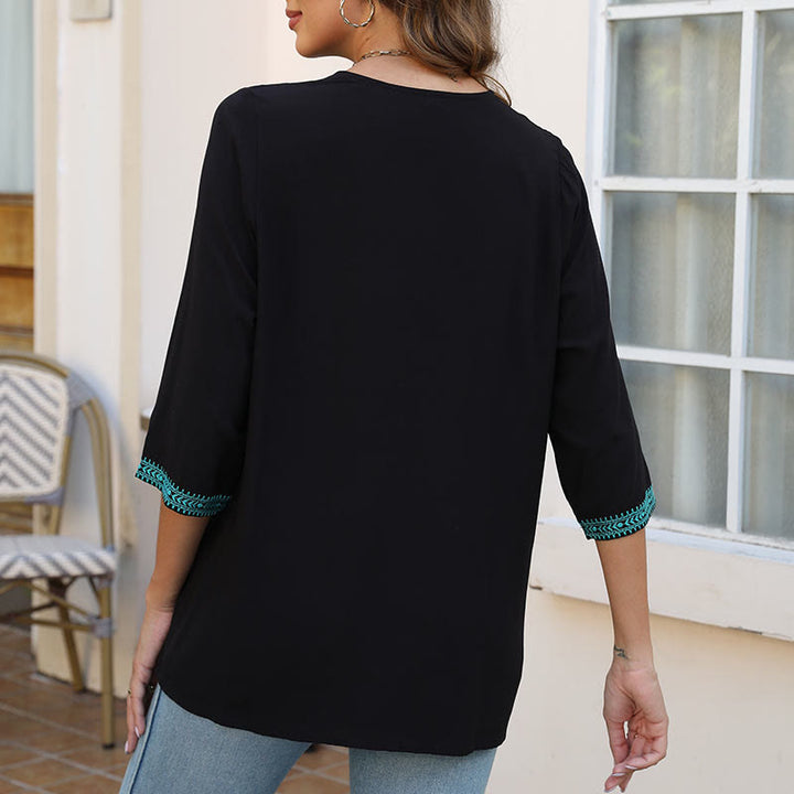 Buddha Stones Letnia swobodna haftowana kwiatowa liść półrękaw dekolt w serek bawełniana damska koszulka - image 7