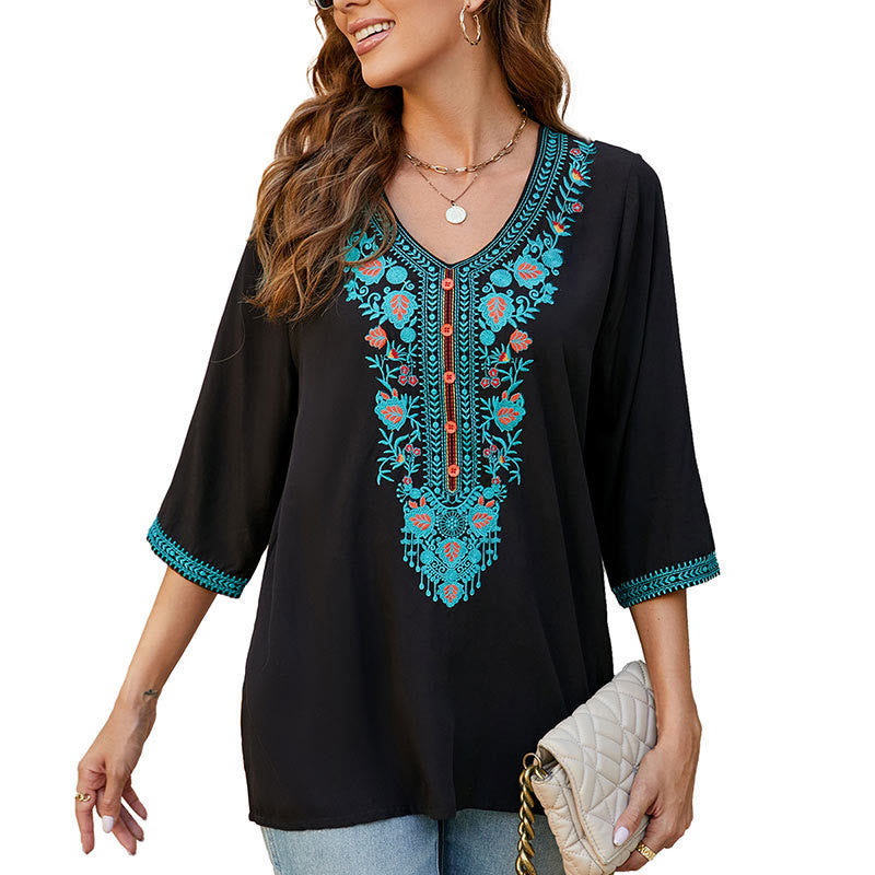 Buddha Stones Letnia swobodna haftowana kwiatowa liść półrękaw dekolt w serek bawełniana damska koszulka - image 10