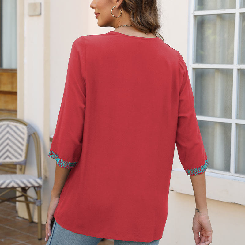 Buddha Stones Letnia swobodna haftowana kwiatowa liść półrękaw dekolt w serek bawełniana damska koszulka - image 21