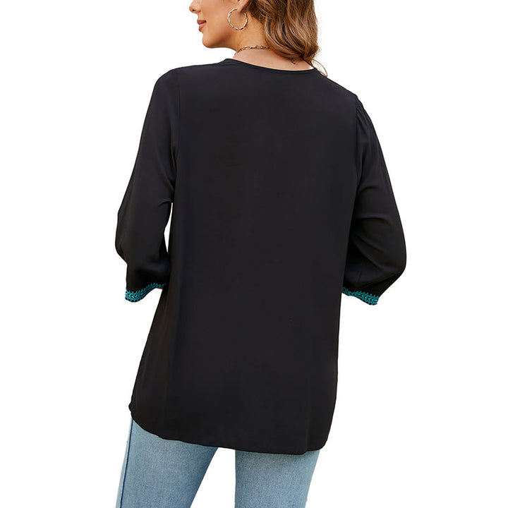 Buddha Stones Letnia swobodna haftowana kwiatowa liść półrękaw dekolt w serek bawełniana damska koszulka - image 12