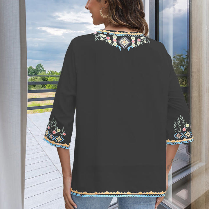 Buddha Stones Wiosna Codzienny Haft Kwiatowy Wzór Długi Rękaw Dekolt w Serek Bawełna Damska Koszulka