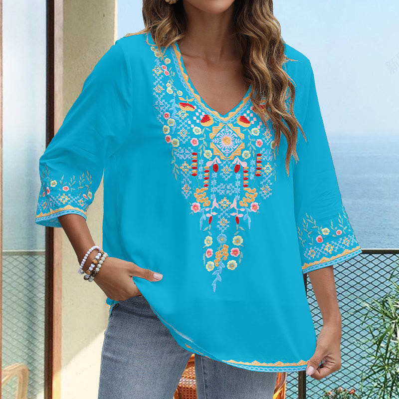 Buddha Stones Wiosna Codzienny Haft Kwiatowy Wzór Długi Rękaw Dekolt w Serek Bawełna Damska Koszulka - image 19